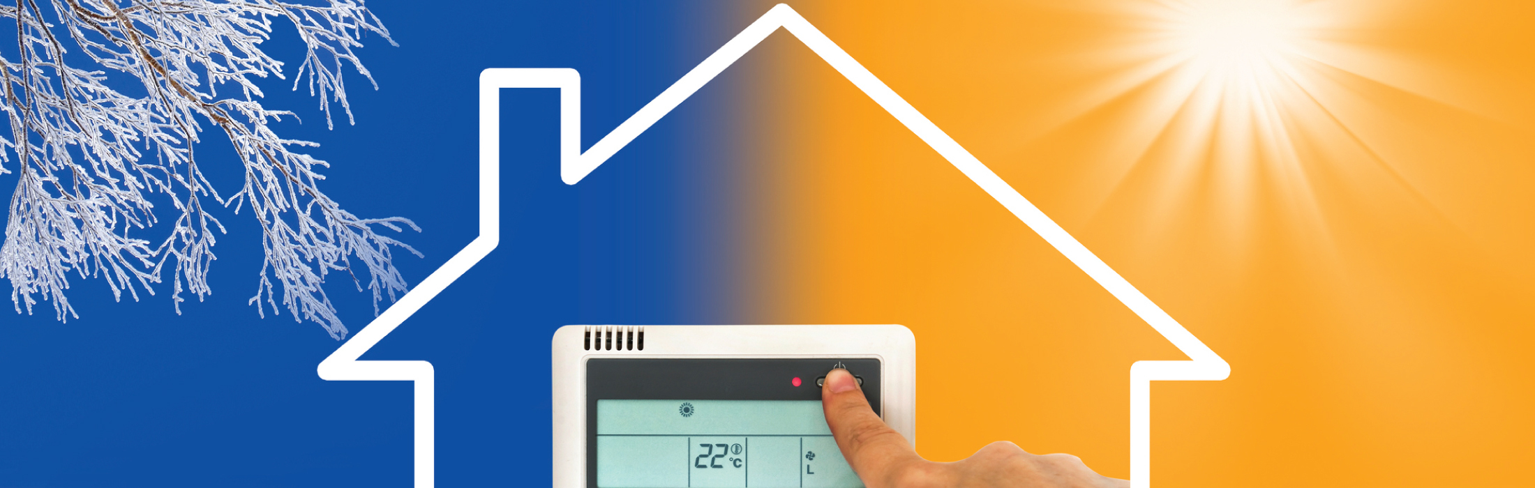 Graphic of hot and cold superimposed over an image of a house